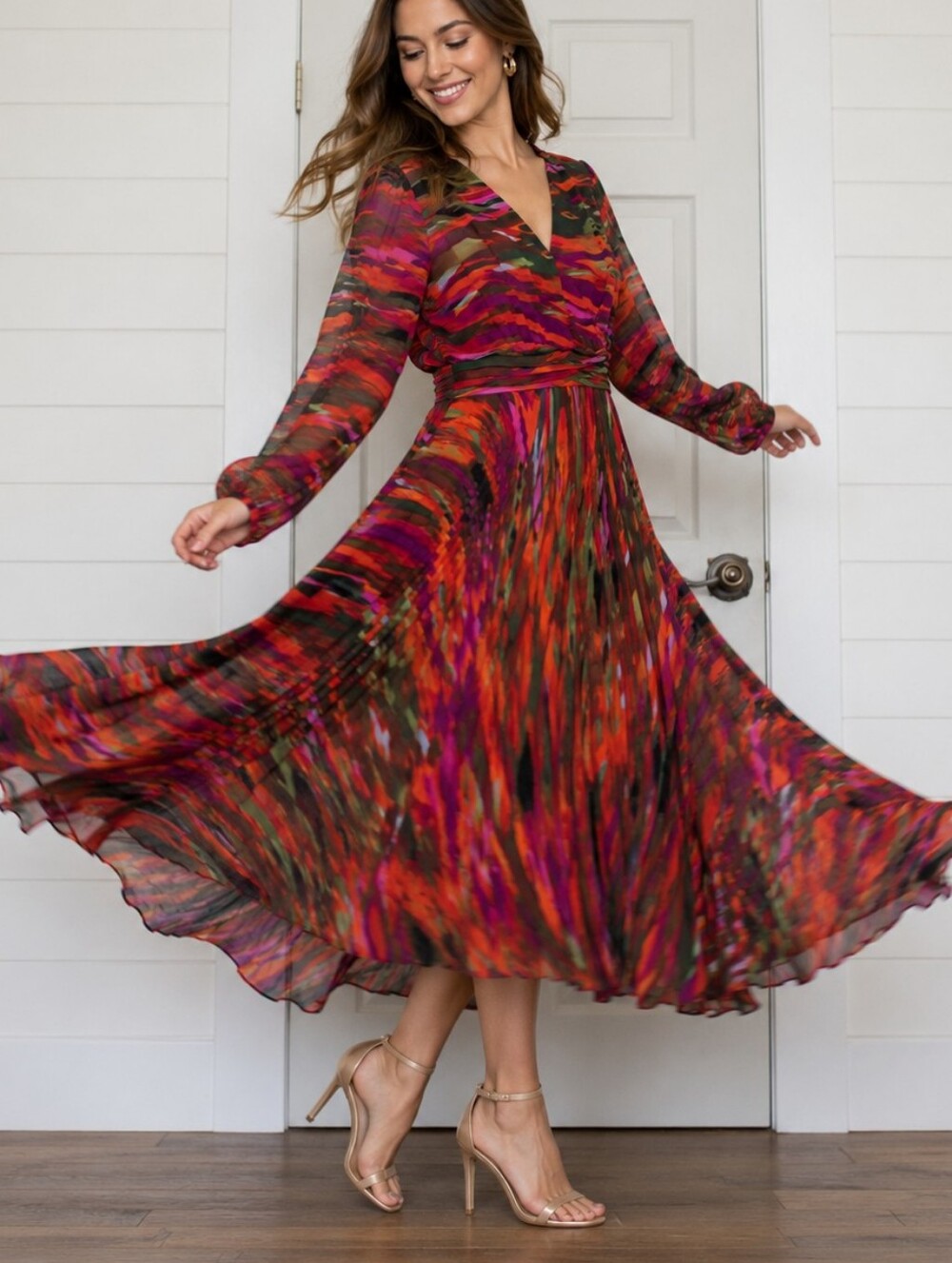 Nanette Lepore Multicolor V-Neck Pleated Smocked Red Purple Orange Maxi Dress 10
